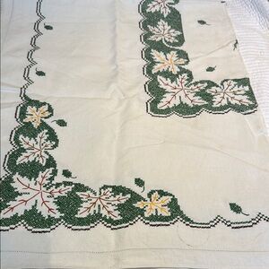 Hand Embroidered Leaf Design Tablecloth - Green and Cream